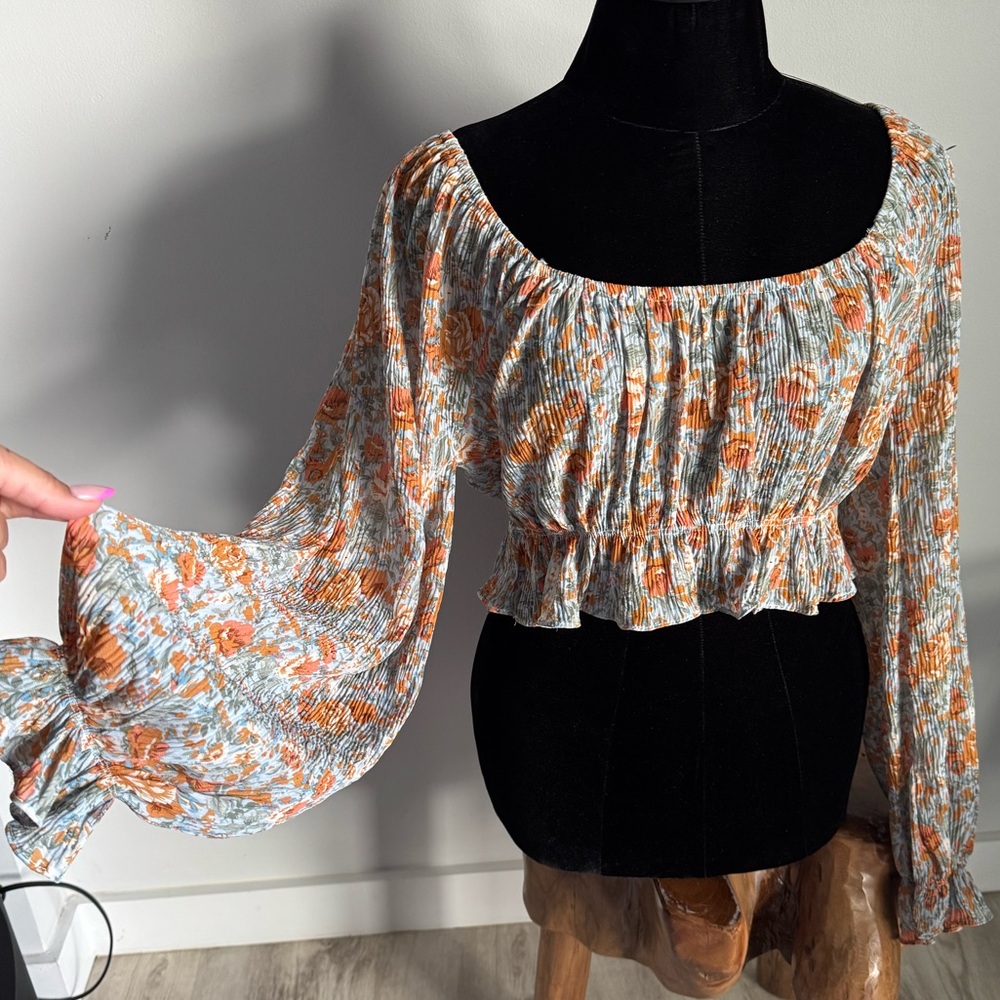 Emory Park Boho Orange & Blue Floral Fall Print Long Sleeve Ruffle Crop Top SM
